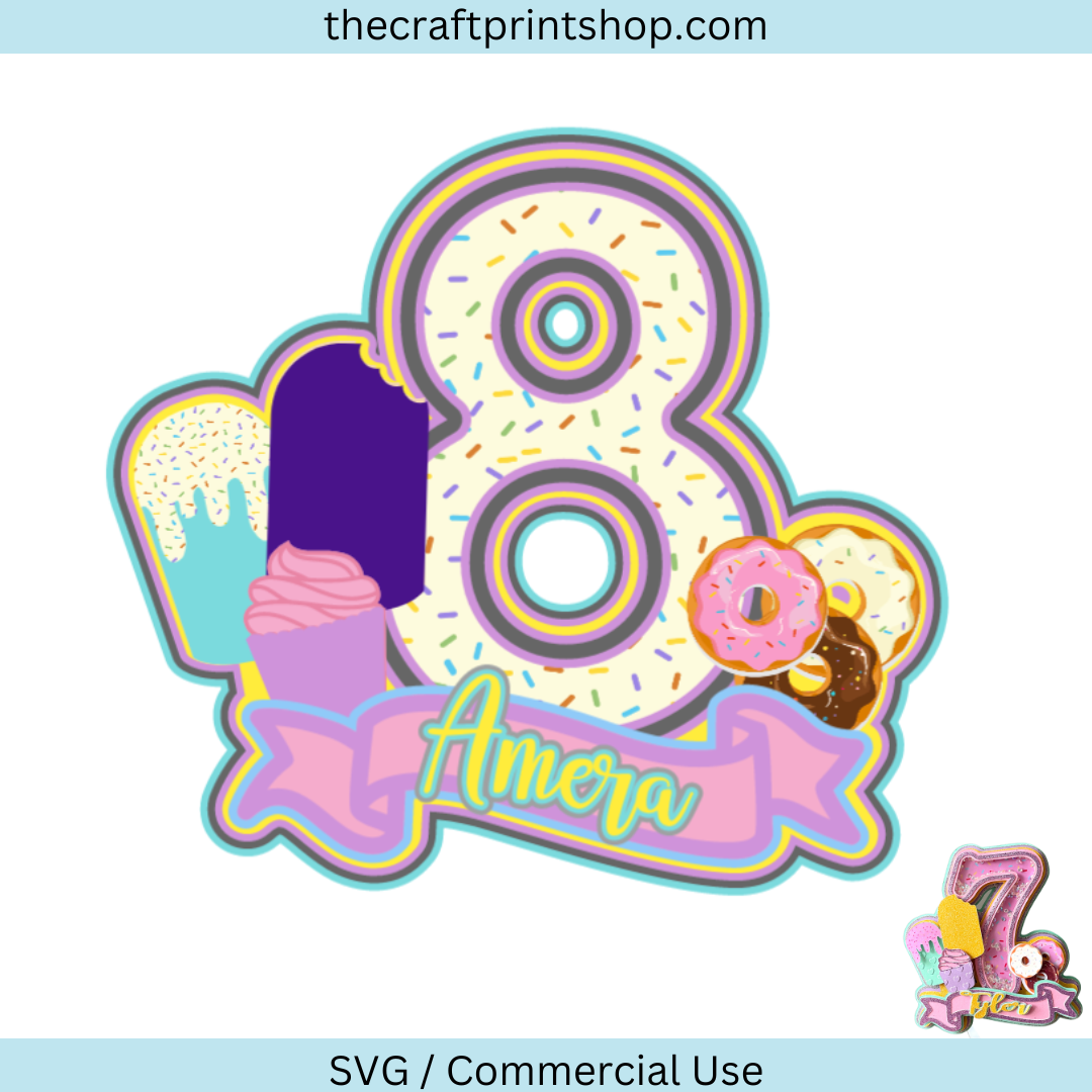 8th Birthday, shaker cake topper, Happy Birthday cake topper, cake topper svg, ice cream cake topper, cupcake cake topper